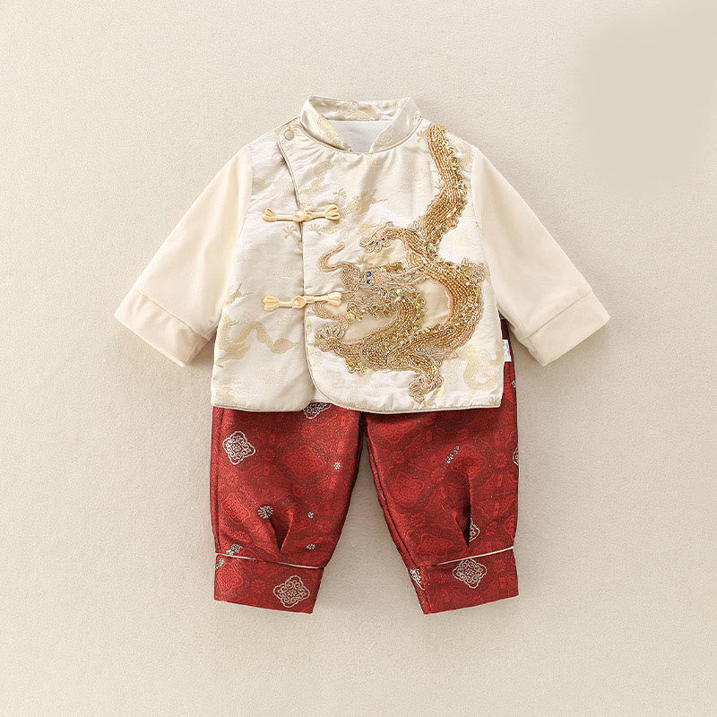 Buddha Stones 2Pcs Winter Cute Dragon Design Baby Boy Cotton Long Sleeve Tang Suit Elastic Waist Pants Outfit Sets - Beige - 20-25M - image 0