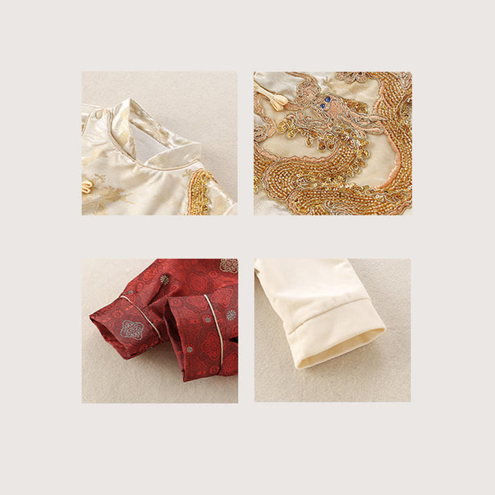 Buddha Stones 2Pcs Winter Cute Dragon Design Baby Boy Cotton Long Sleeve Tang Suit Elastic Waist Pants Outfit Sets - image 5