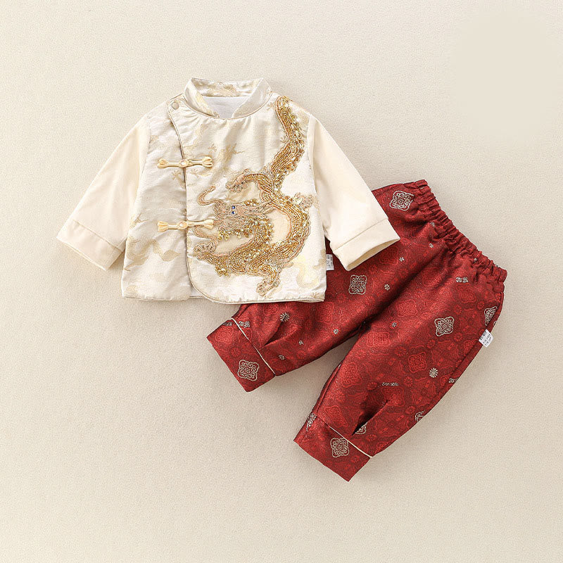 Buddha Stones 2Pcs Winter Cute Dragon Design Baby Boy Cotton Long Sleeve Tang Suit Elastic Waist Pants Outfit Sets - image 2