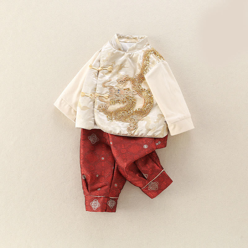 Buddha Stones 2Pcs Winter Cute Dragon Design Baby Boy Cotton Long Sleeve Tang Suit Elastic Waist Pants Outfit Sets - image 1