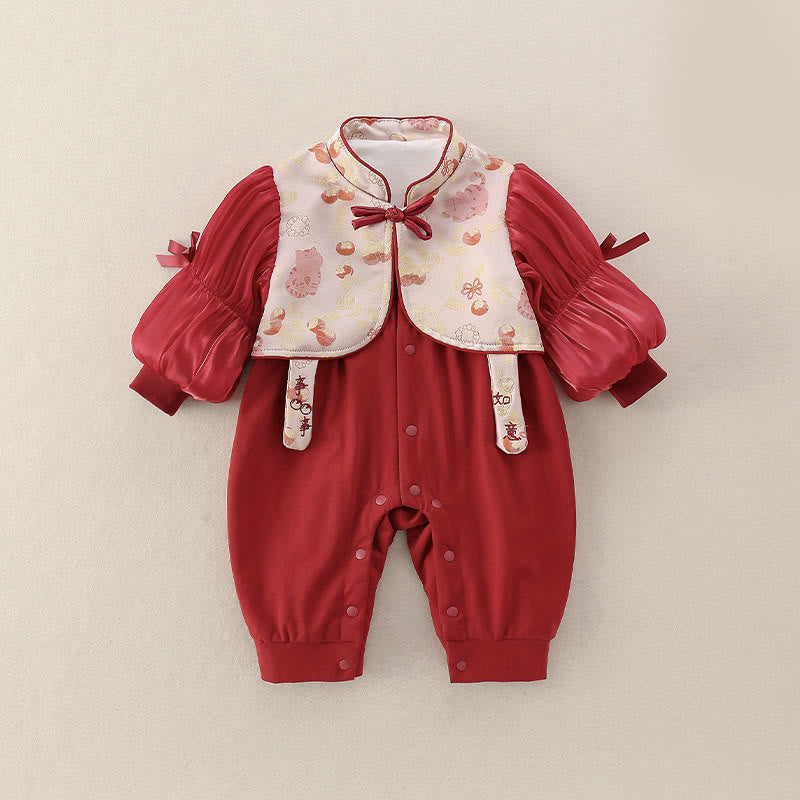 Buddha Stones Spring Cats Persimmons Design Baby Girl Cotton Long Sleeve One-pieces Rompers - Crimson - 10-15M - image 0