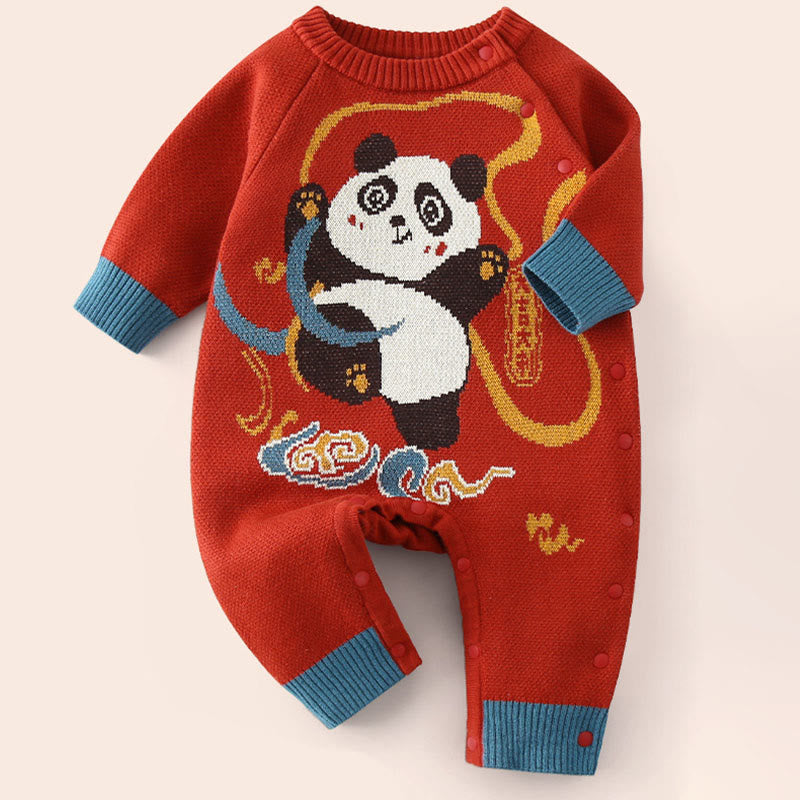 Buddha Stones Fall Winter Red Panda Pattern Baby Boy Girl Cotton Long Sleeve Knitted One-pieces Rompers - Red - 1-2Y - image 0