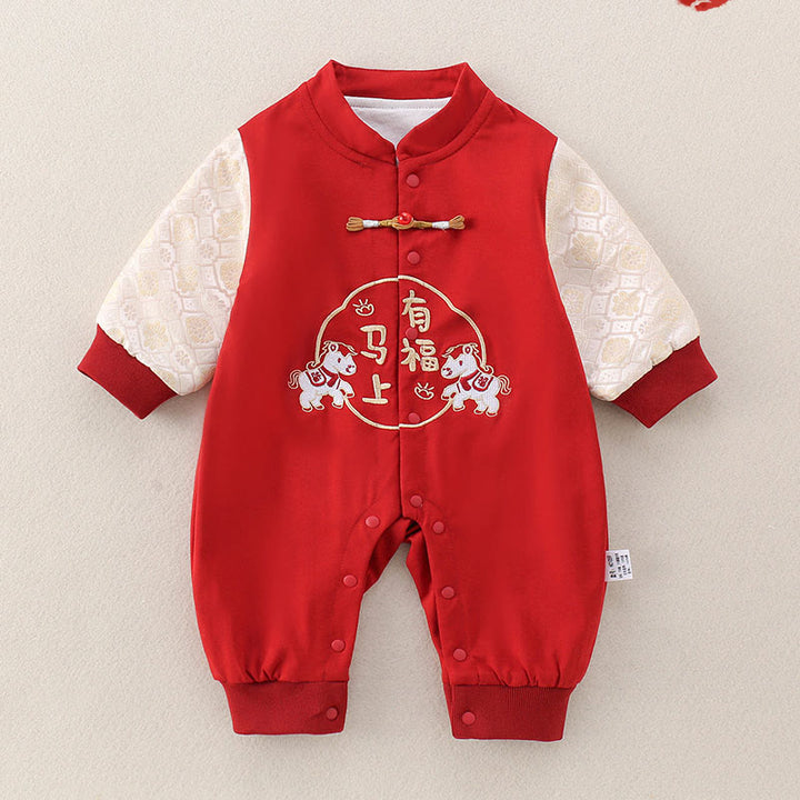 Buddha Stones Spring Fall Red Year of the Horse Good fortune Design Baby Girl Boy Cotton Long Sleeve One-pieces Rompers - Red - 10-15M - image 0