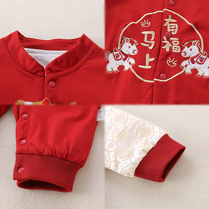 Buddha Stones Spring Fall Red Year of the Horse Good fortune Design Baby Girl Boy Cotton Long Sleeve One-pieces Rompers - image 5