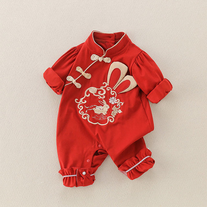 Buddha Stones Spring Fall Red Rabbit Design Baby Girl Cotton Long Sleeve One-pieces Rompers - image 1