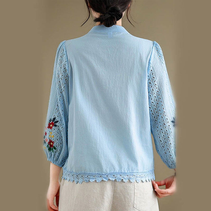 Buddha Stones Fall Lace Embroidery Flower Leaf Pattern Stand Collar Buttons Women's Long Sleeve Shirt - image 5