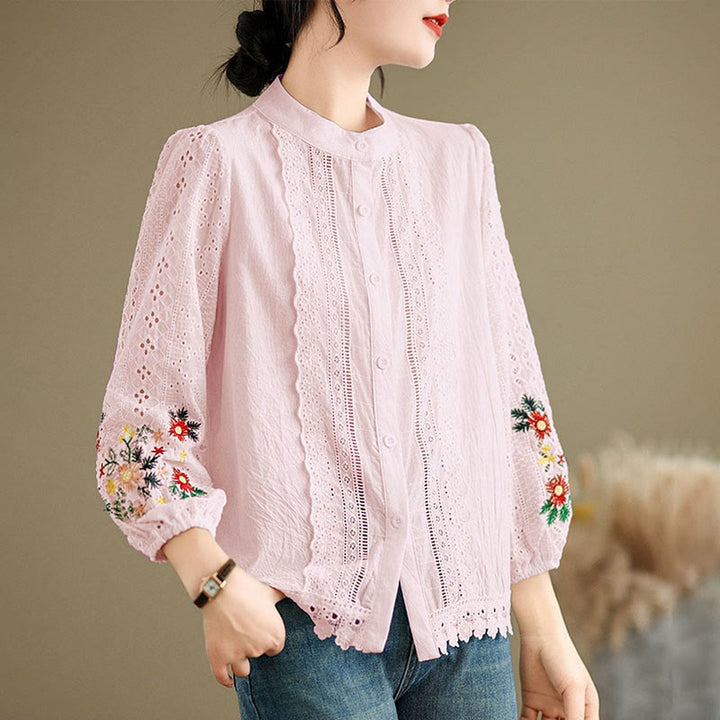 Buddha Stones Fall Lace Embroidery Flower Leaf Pattern Stand Collar Buttons Women's Long Sleeve Shirt - image 15