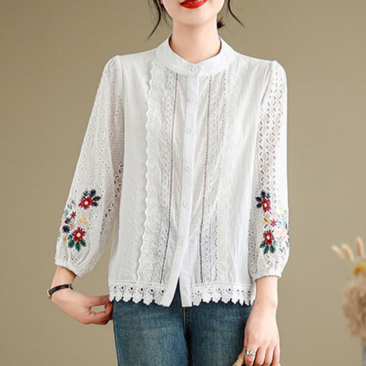 Buddha Stones Fall Lace Embroidery Flower Leaf Pattern Stand Collar Buttons Women's Long Sleeve Shirt - image 7