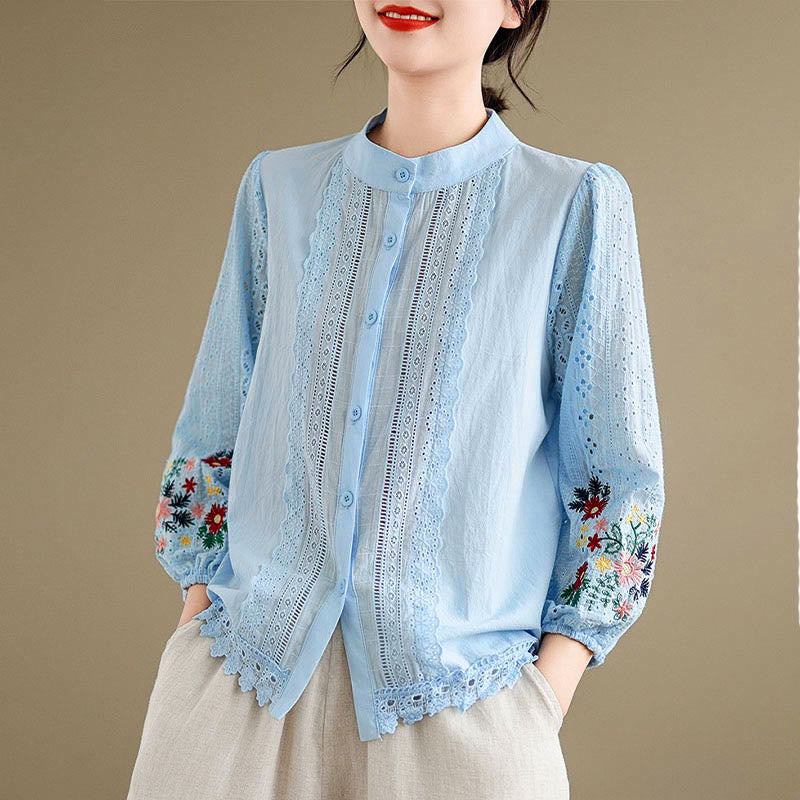 Buddha Stones Fall Lace Embroidery Flower Leaf Pattern Stand Collar Buttons Women's Long Sleeve Shirt - image 3