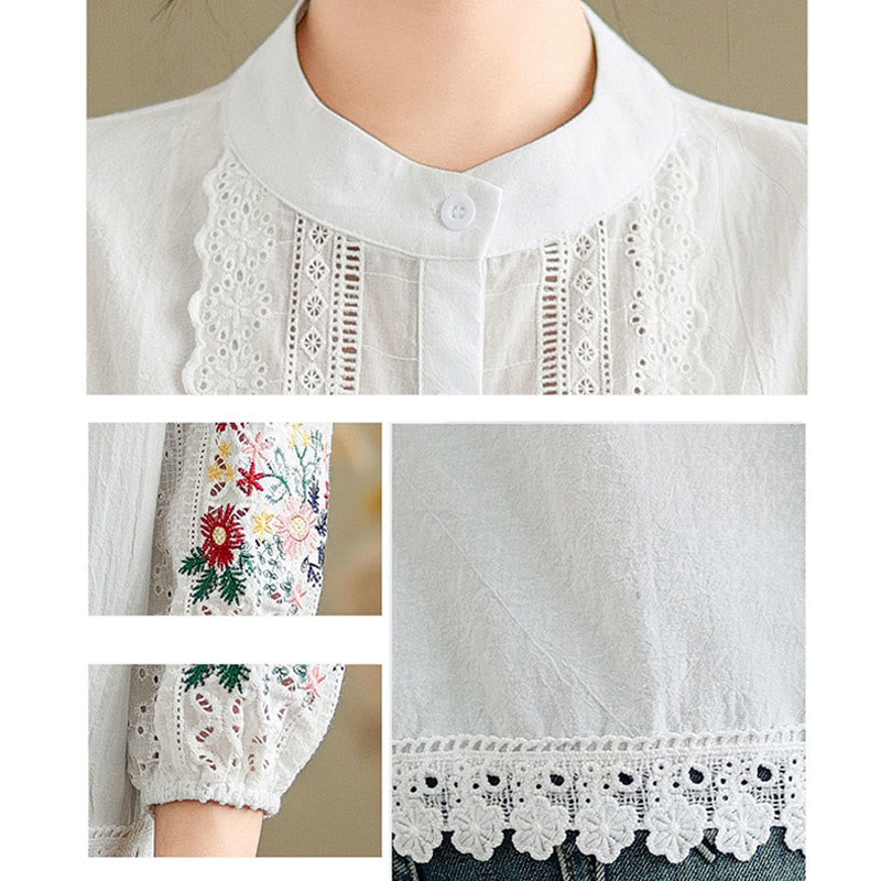 Buddha Stones Fall Lace Embroidery Flower Leaf Pattern Stand Collar Buttons Women's Long Sleeve Shirt - image 12