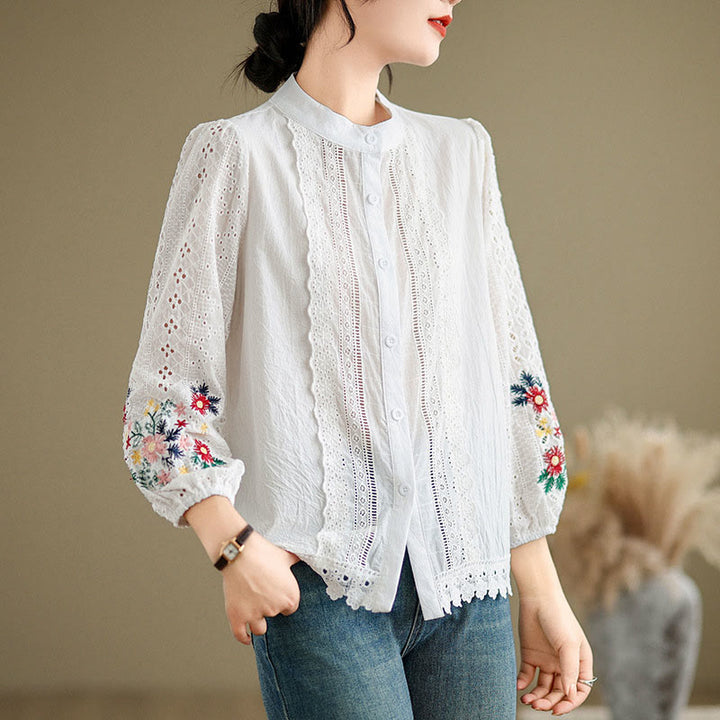 Buddha Stones Fall Lace Embroidery Flower Leaf Pattern Stand Collar Buttons Women's Long Sleeve Shirt - image 8