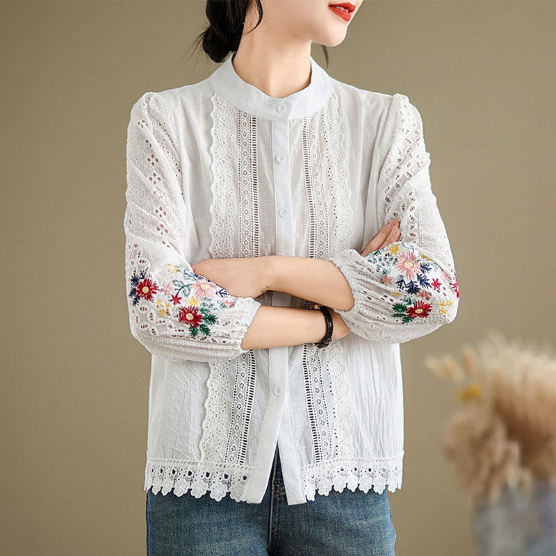 Buddha Stones Fall Lace Embroidery Flower Leaf Pattern Stand Collar Buttons Women's Long Sleeve Shirt - image 10