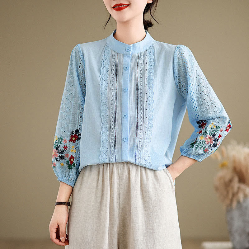 Buddha Stones Fall Lace Embroidery Flower Leaf Pattern Stand Collar Buttons Women's Long Sleeve Shirt - image 1