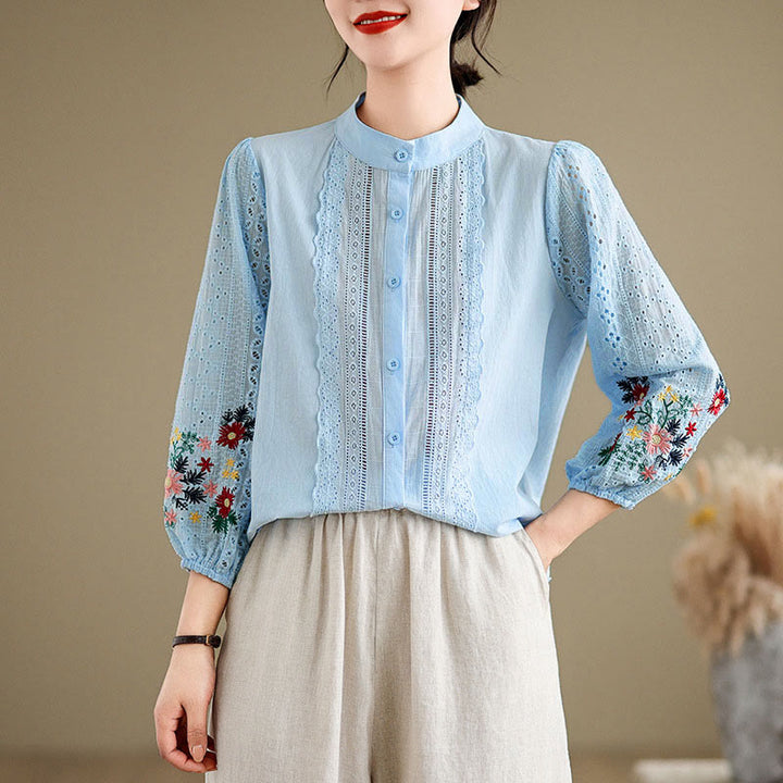 Buddha Stones Fall Lace Embroidery Flower Leaf Pattern Stand Collar Buttons Women's Long Sleeve Shirt - image 1