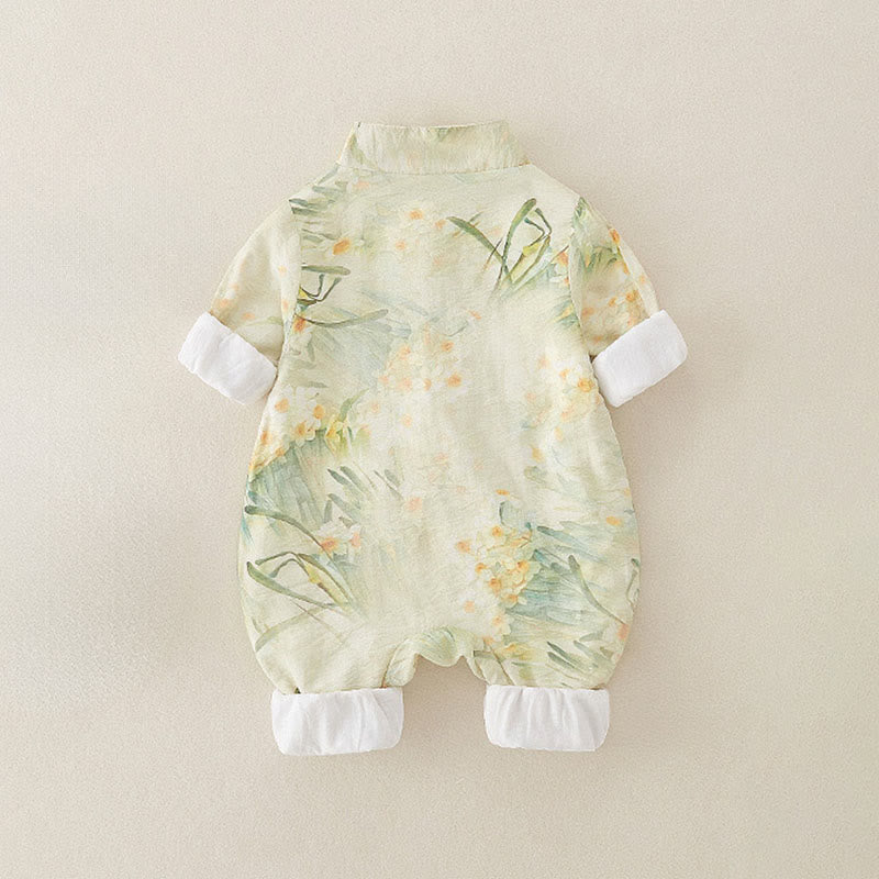 Buddha Stones Spring Fall Beige Flowers Green Grass Design Baby Girl Cotton Long Sleeve One-pieces Rompers - image 2