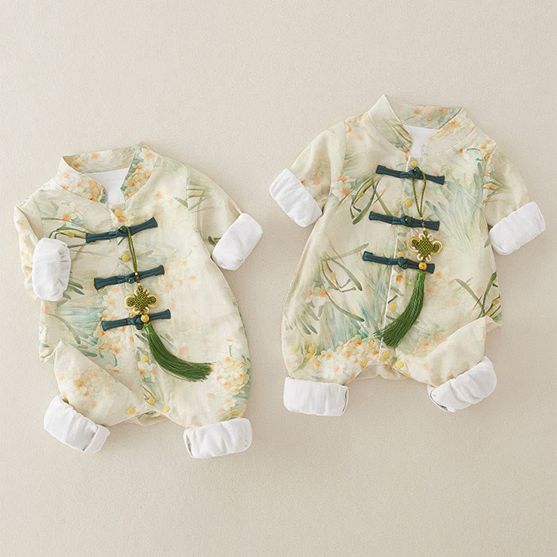 Buddha Stones Spring Fall Beige Flowers Green Grass Design Baby Girl Cotton Long Sleeve One-pieces Rompers - image 5