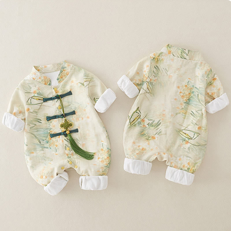 Buddha Stones Spring Fall Beige Flowers Green Grass Design Baby Girl Cotton Long Sleeve One-pieces Rompers - image 3