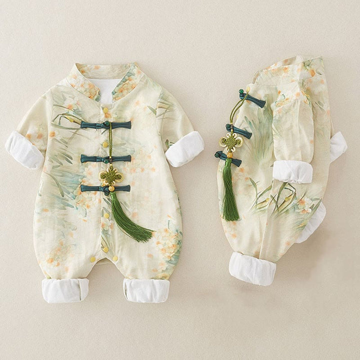 Buddha Stones Spring Fall Beige Flowers Green Grass Design Baby Girl Cotton Long Sleeve One-pieces Rompers - image 4