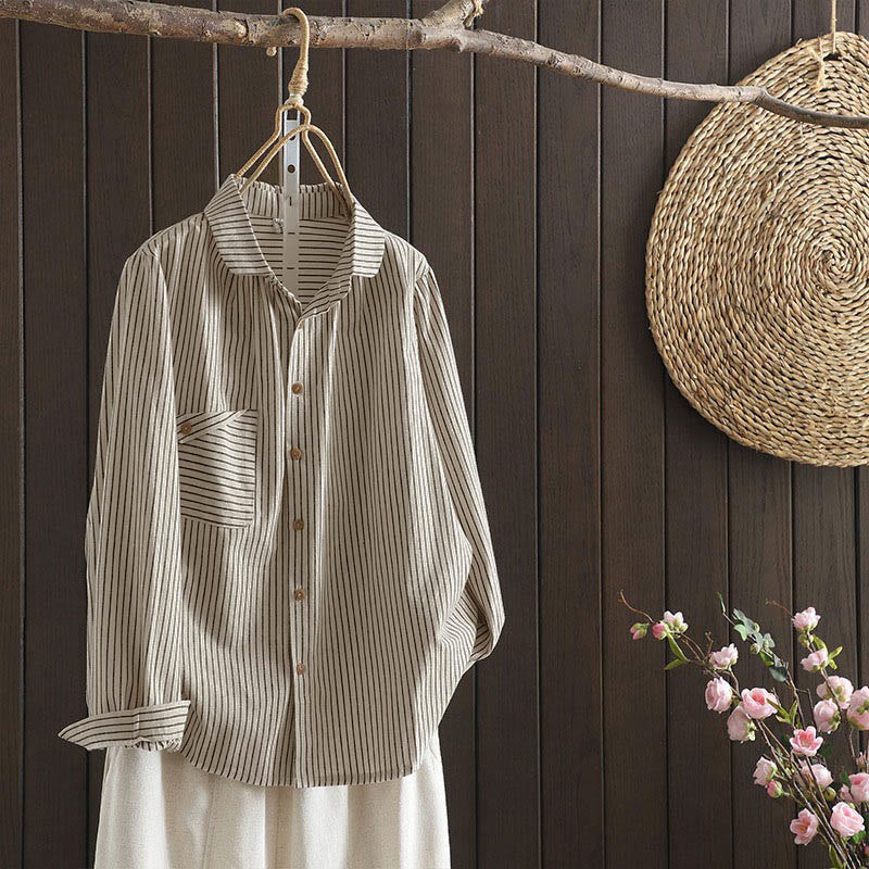 Buddha Stones Fall Stripe Stand Collar Buttons Women's Long Sleeve Shirt With Pocket - OldLace - US8-10，UK/AU12-14，EU40-42 (2XL) - image 1