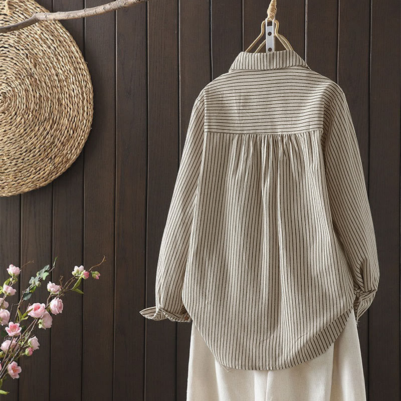 Buddha Stones Fall Stripe Stand Collar Buttons Women's Long Sleeve Shirt With Pocket - image 4