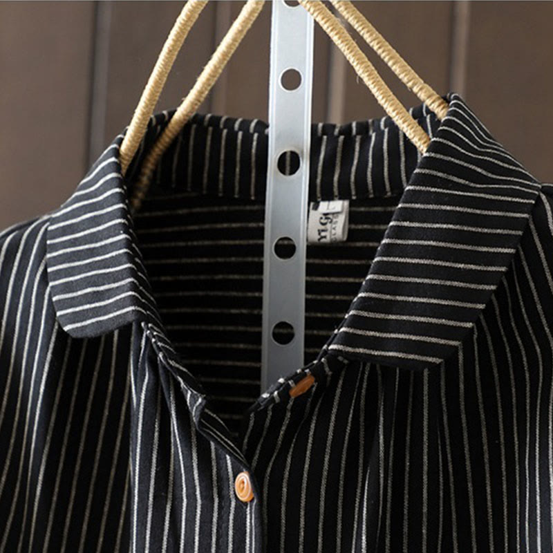 Buddha Stones Fall Stripe Stand Collar Buttons Women's Long Sleeve Shirt With Pocket - image 15