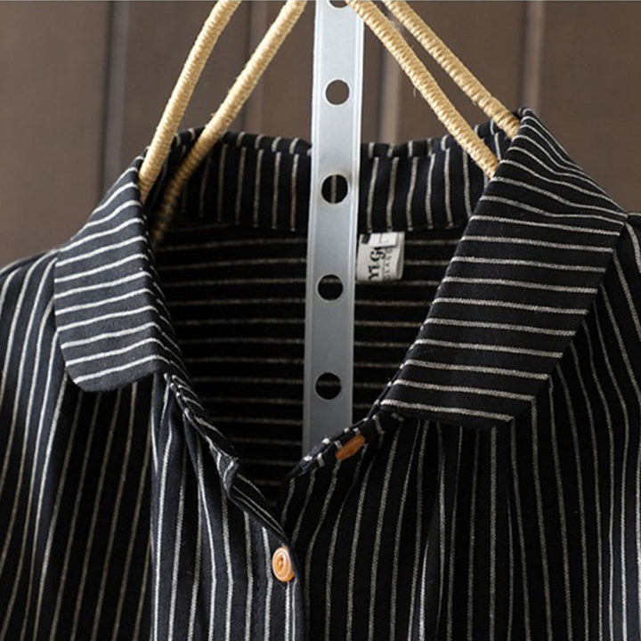 Buddha Stones Fall Stripe Stand Collar Buttons Women's Long Sleeve Shirt With Pocket - image 15