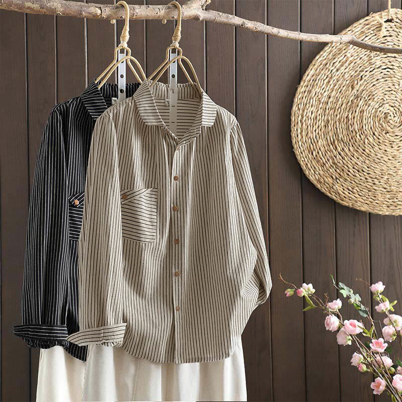 Buddha Stones Fall Stripe Stand Collar Buttons Women's Long Sleeve Shirt With Pocket - image 0