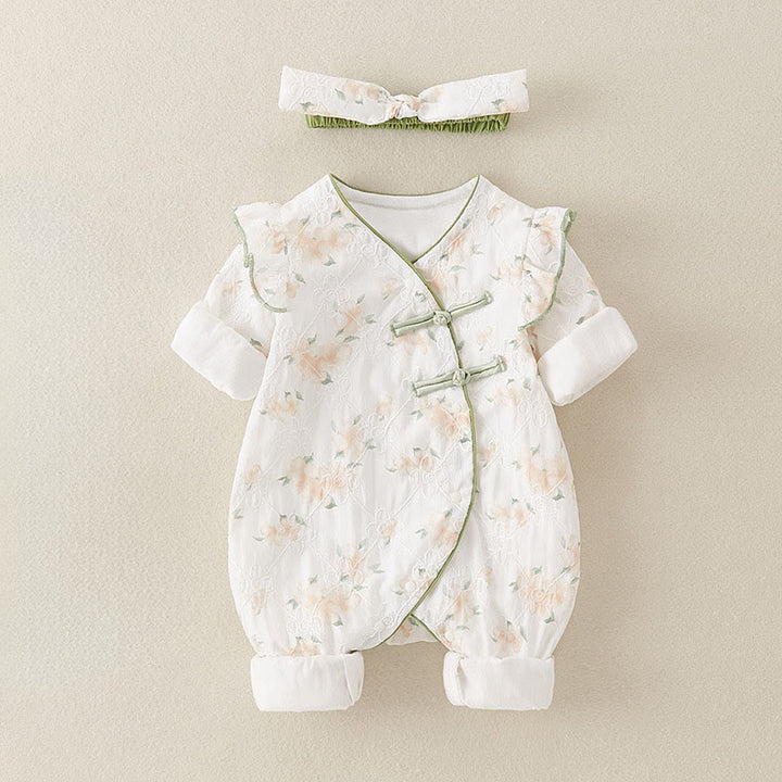 Buddha Stones Spring Fall Light Yellow Flowers V-Neck Design Baby Girl Cotton Long Sleeve One-pieces Rompers - Linen - 9-12M - image 0
