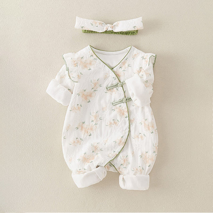 Buddha Stones Spring Fall Light Yellow Flowers V-Neck Design Baby Girl Cotton Long Sleeve One-pieces Rompers - image 4