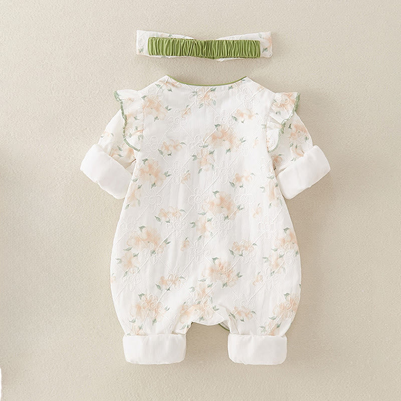 Buddha Stones Spring Fall Light Yellow Flowers V-Neck Design Baby Girl Cotton Long Sleeve One-pieces Rompers - image 1