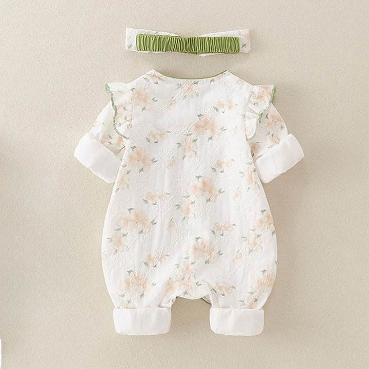 Buddha Stones Spring Fall Light Yellow Flowers V-Neck Design Baby Girl Cotton Long Sleeve One-pieces Rompers - image 1