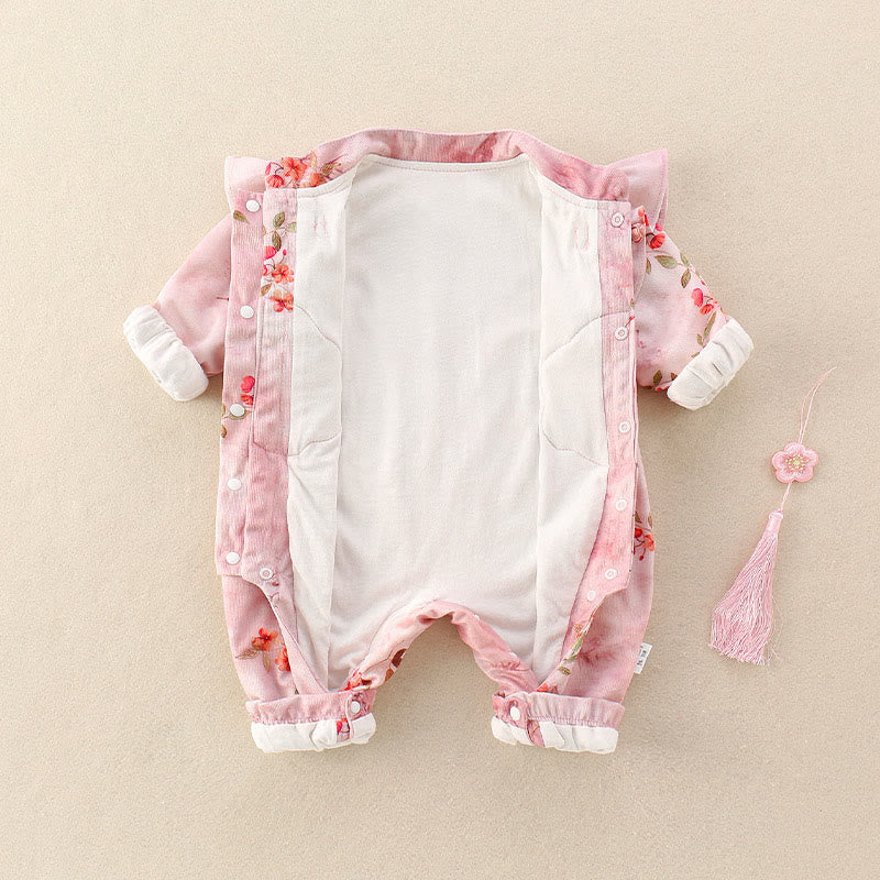 Buddha Stones Spring Fall Pink Red Flowers Green Leaves Design Baby Girl Cotton Long Sleeve One-pieces Rompers - image 4