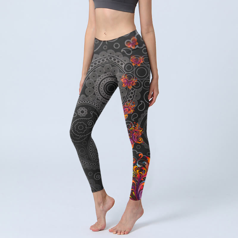 Buddha Stones Strong Contrast Flower Paisley Pattern Gym Leggings Women's Yoga Pants - Black - US18，UK/AU22，EU50 (4XL) - image 0