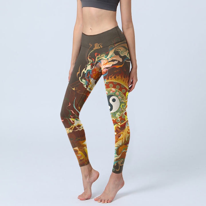Buddha Stones Colorful Fairy Yin Yang Flame Camel Goat Flower Pattern Gym Leggings Women's Yoga Pants - SaddleBrown - US18，UK/AU22，EU50 (4XL) - image 0