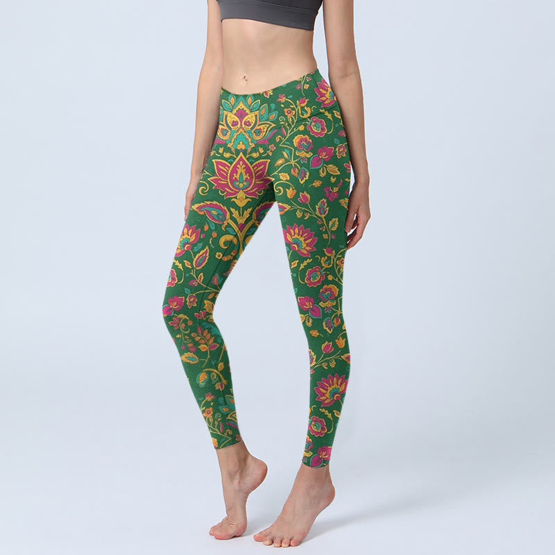 Buddha Stones Brightly Colored Flower Leaf Pattern Gym Leggings Women's Yoga Pants - Green - US18，UK/AU22，EU50 (4XL) - image 0