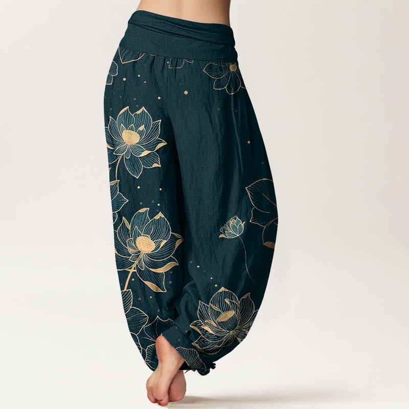 Buddha Stones Pure Cotton Delicate Lotus Pattern Women's Elastic Waist Harem Pants - image 1