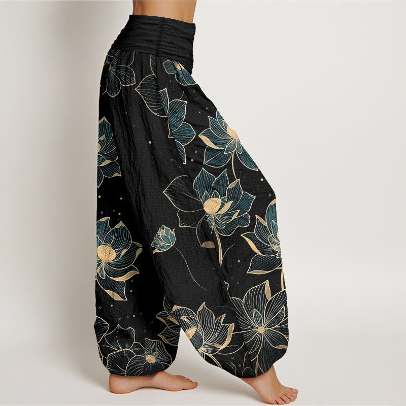 Buddha Stones Pure Cotton Delicate Lotus Pattern Women's Elastic Waist Harem Pants - image 7
