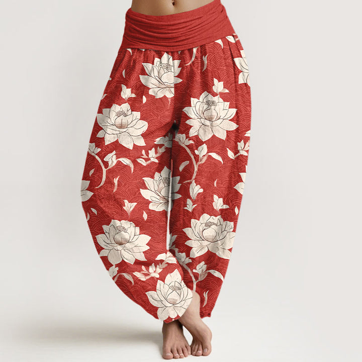 Buddha Stones Pure Cotton Beige Lotus Pattern Women's Elastic Waist Harem Pants - Red - US16，UK/AU20，EU48 (3XL) - image 0
