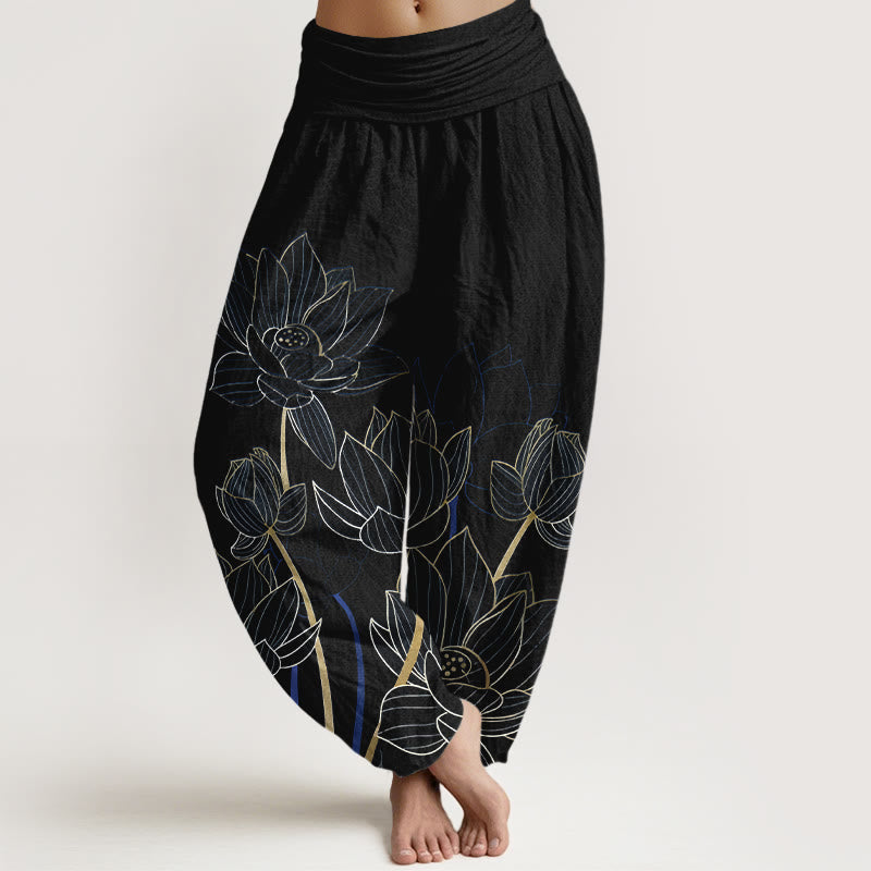 Buddha Stones Pure Cotton Minimalist Style Lotus Flower Pod Pattern Women's Elastic Waist Harem Pants - Black - US16，UK/AU20，EU48 (3XL) - image 5