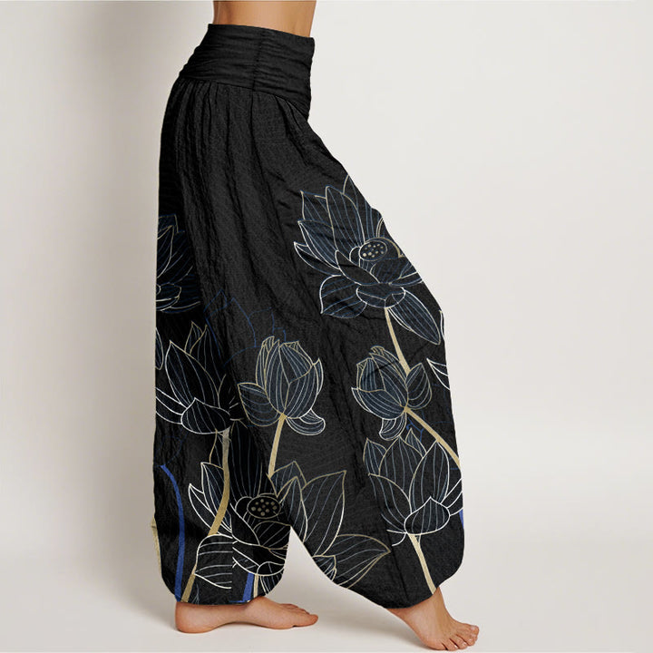 Buddha Stones Pure Cotton Minimalist Style Lotus Flower Pod Pattern Women's Elastic Waist Harem Pants - image 7