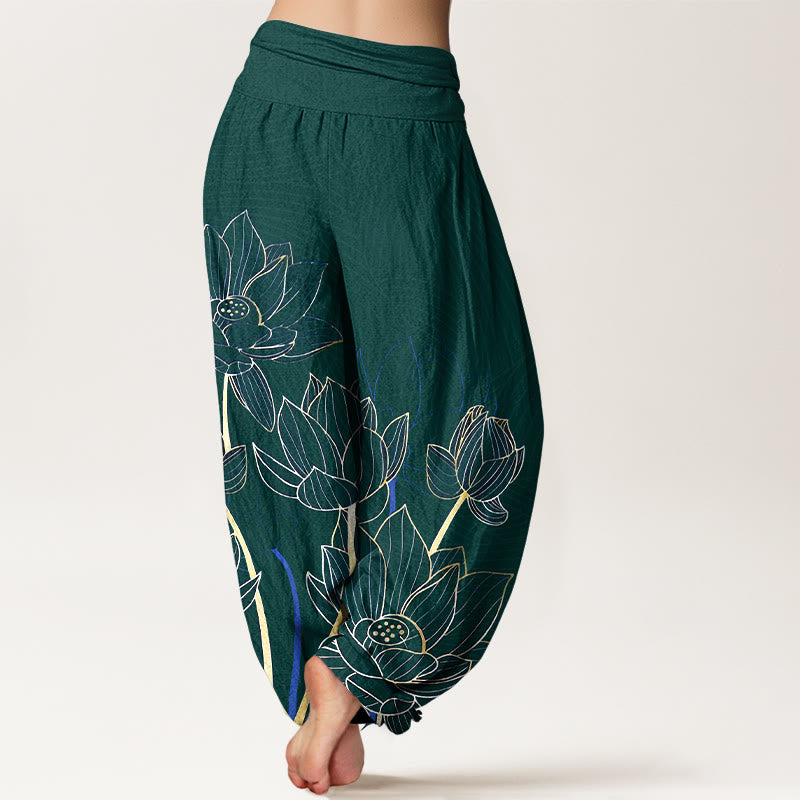 Buddha Stones Pure Cotton Minimalist Style Lotus Flower Pod Pattern Women's Elastic Waist Harem Pants - image 9