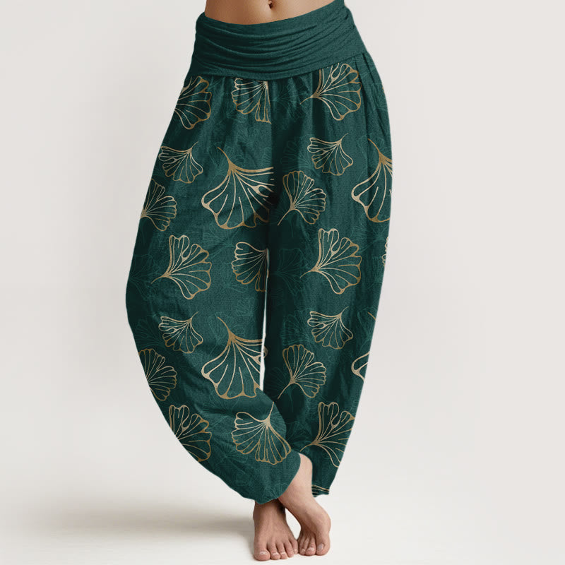 Buddha Stones Pure Cotton Minimalist Style Ginkgo Leaves Pattern Women's Elastic Waist Harem Pants - DarkGreen - US16，UK/AU20，EU48 (3XL) - image 0