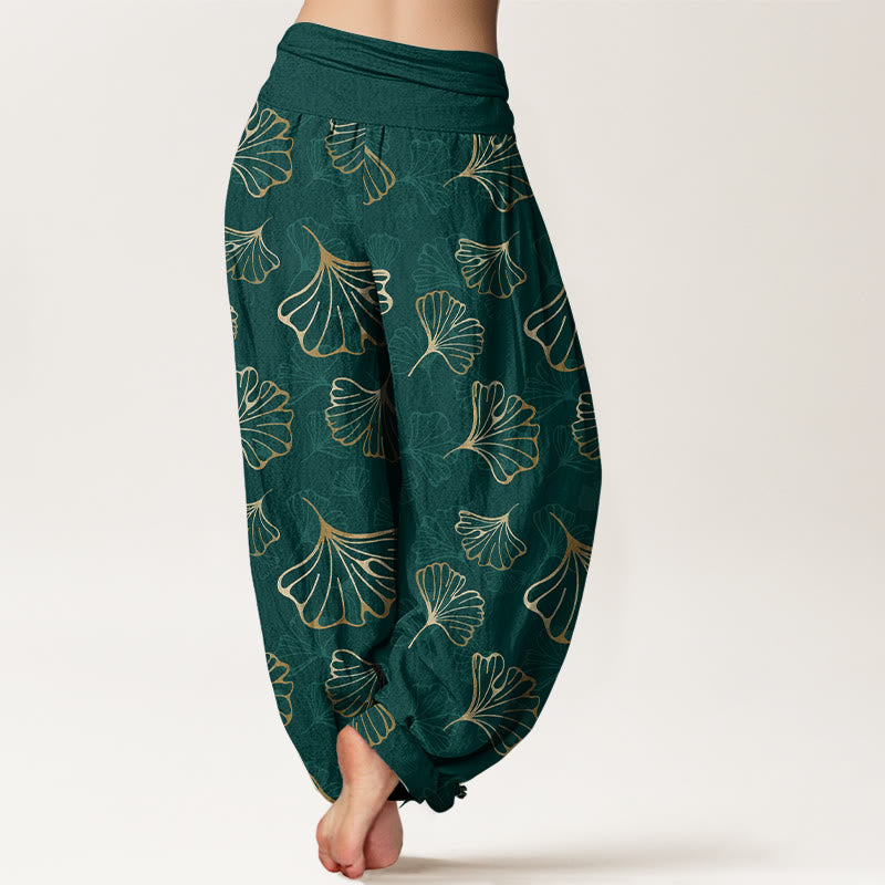 Buddha Stones Pure Cotton Minimalist Style Ginkgo Leaves Pattern Women's Elastic Waist Harem Pants - image 1