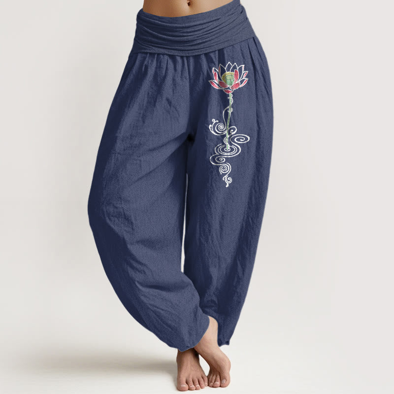 Buddha Stones Pure Cotton Simple Lotus Flower Pattern Women's Elastic Waist Harem Pants - DarkSlateBlue - US16，UK/AU20，EU48 (3XL) - image 0