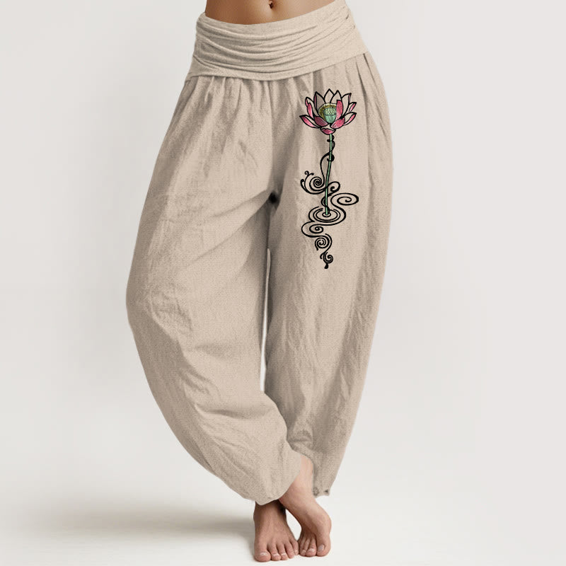 Buddha Stones Pure Cotton Simple Lotus Flower Pattern Women's Elastic Waist Harem Pants - Tan - US16，UK/AU20，EU48 (3XL) - image 11
