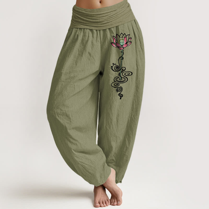 Buddha Stones Pure Cotton Simple Lotus Flower Pattern Women's Elastic Waist Harem Pants - OliveDrab - US16，UK/AU20，EU48 (3XL) - image 14