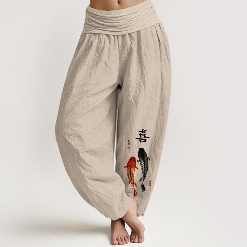 Buddha Stones Pure Cotton Concise Koi Fish Chinese Character Pattern Women's Elastic Waist Harem Pants - Tan - US16，UK/AU20，EU48 (3XL) - image 0