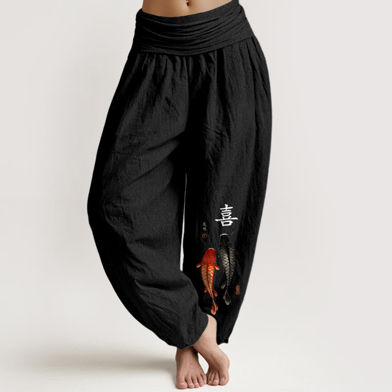 Buddha Stones Pure Cotton Concise Koi Fish Chinese Character Pattern Women's Elastic Waist Harem Pants - Black - US16，UK/AU20，EU48 (3XL) - image 5
