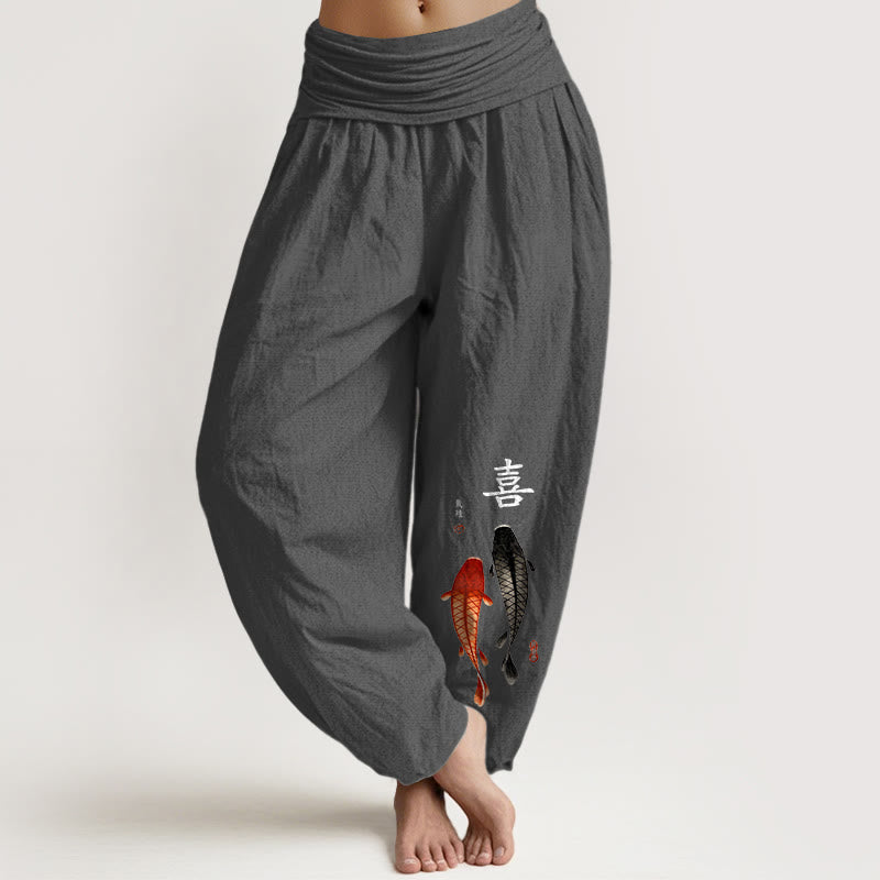 Buddha Stones Pure Cotton Concise Koi Fish Chinese Character Pattern Women's Elastic Waist Harem Pants - DimGray - US16，UK/AU20，EU48 (3XL) - image 11