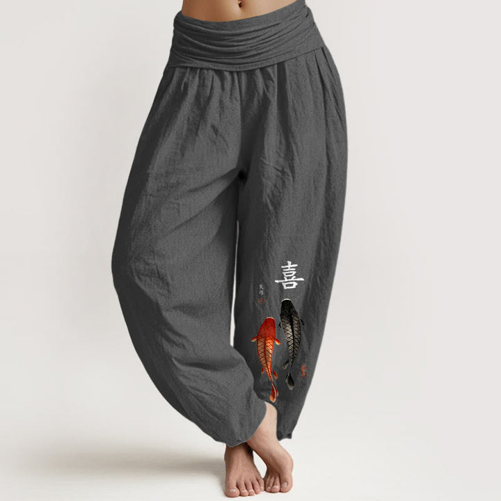 Buddha Stones Pure Cotton Concise Koi Fish Chinese Character Pattern Women's Elastic Waist Harem Pants - DimGray - US16，UK/AU20，EU48 (3XL) - image 11